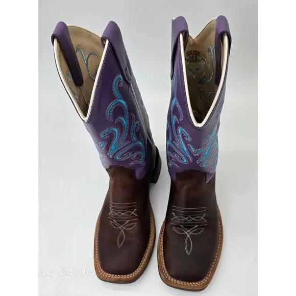Old West Western Boots Purple Brown Leather Square Toe Cowboy Cowgirl Girls 3.5D - Picture 6 of 9